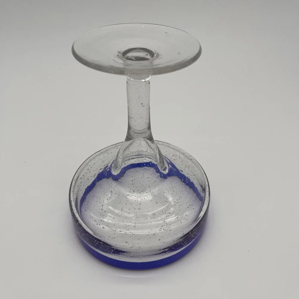 Hand Blown Mexican Margarita Glass Cobalt Blue Rim Seeded Glass Barware